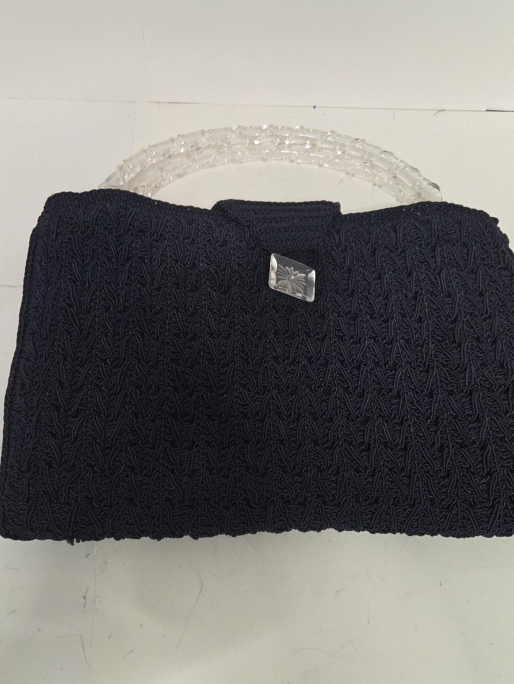 Vintage 1940s Navy Blue Corde Crochet Handbag with Carved Lucite Clasp 19x9 In .